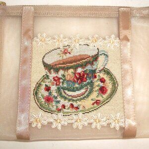 Vintage Nylon Mesh Top-Zip Cosmetic Case with Embroidered Tea-Cup Applique